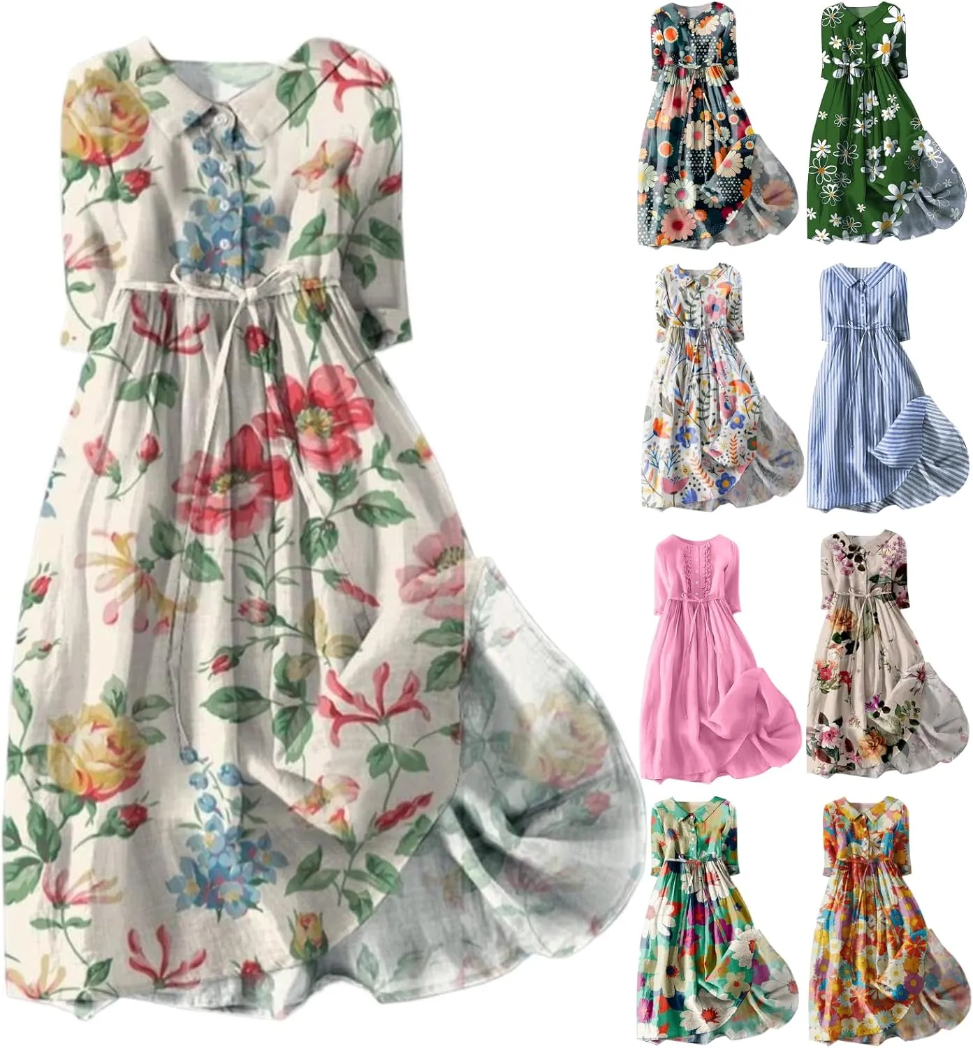 3/4 Sleeve Cotton Dresses for Women Casual Summer Button Down Floral Dress Beach Vacation Dresses Ruffle Floral