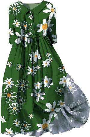 3/4 Sleeve Cotton Dresses for Women Casual Summer Button Down Floral Dress Beach Vacation Dresses Ruffle Floral