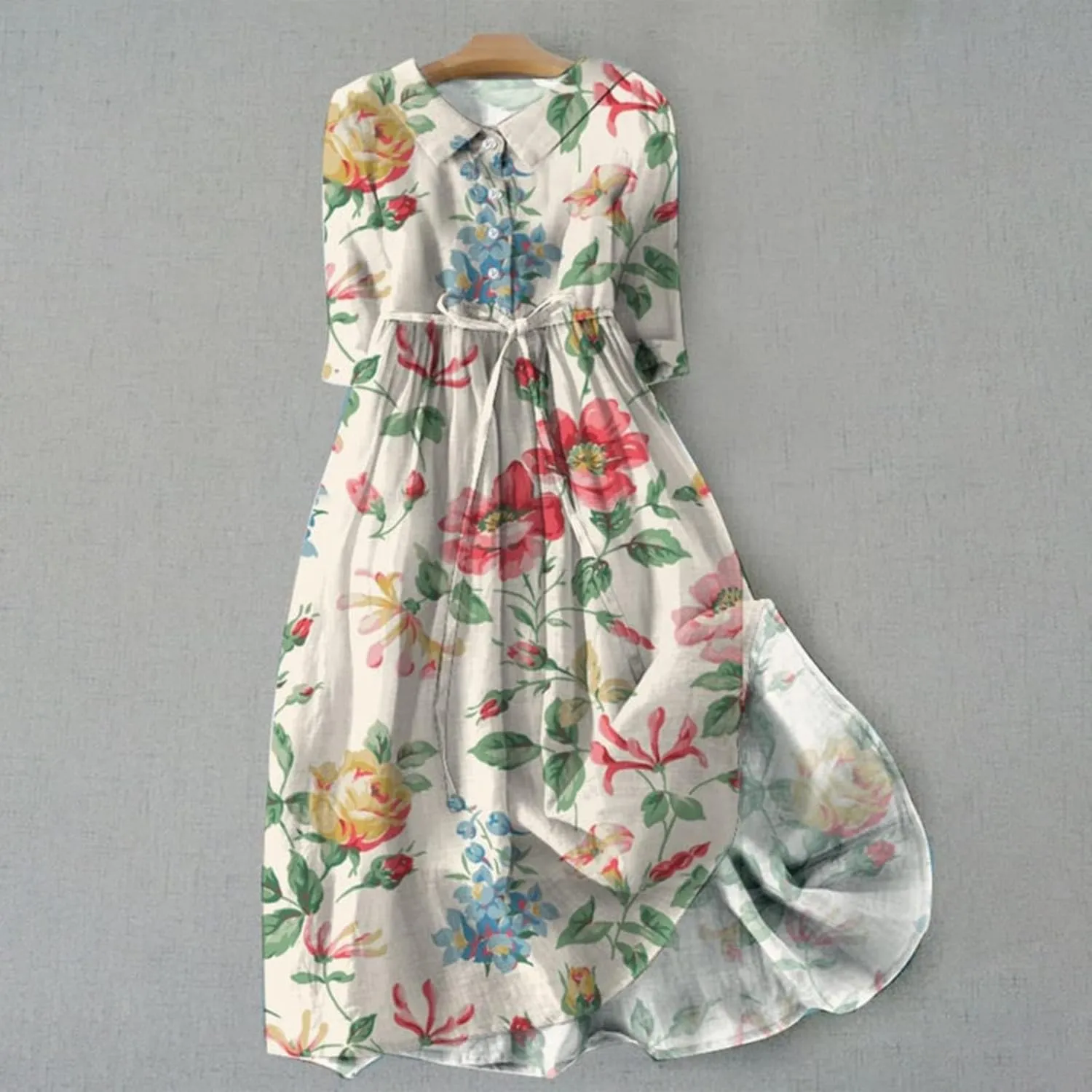 3/4 Sleeve Cotton Dresses for Women Casual Summer Button Down Floral Dress Beach Vacation Dresses Ruffle Floral