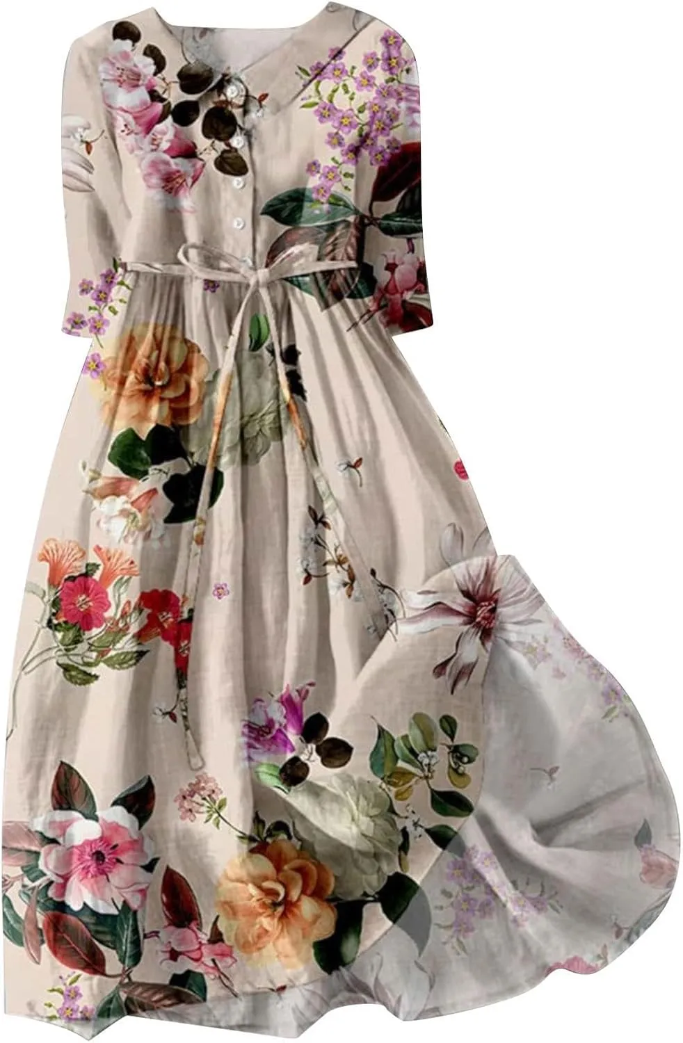 3/4 Sleeve Cotton Dresses for Women Casual Summer Button Down Floral Dress Beach Vacation Dresses Ruffle Floral