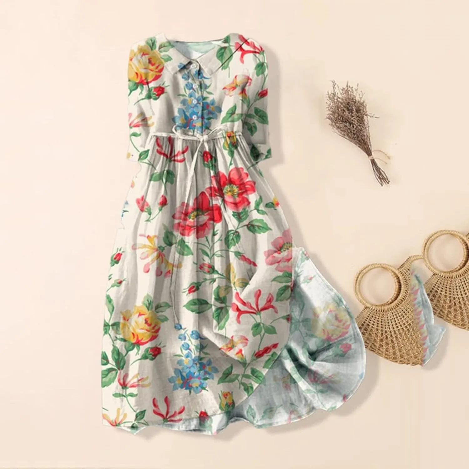 3/4 Sleeve Cotton Dresses for Women Casual Summer Button Down Floral Dress Beach Vacation Dresses Ruffle Floral