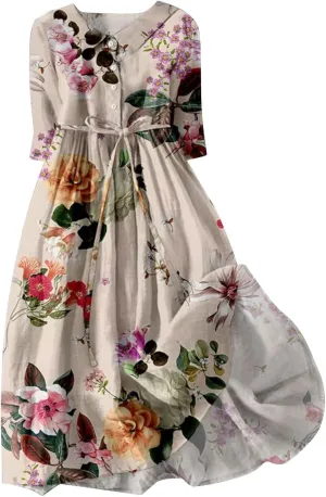 3/4 Sleeve Cotton Dresses for Women Casual Summer Button Down Floral Dress Beach Vacation Dresses Ruffle Floral