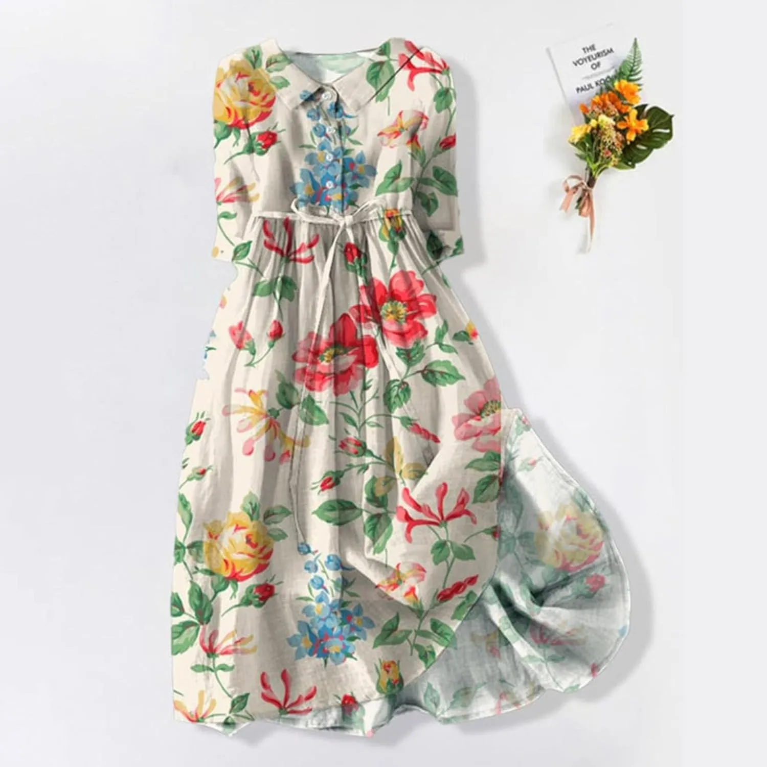 3/4 Sleeve Cotton Dresses for Women Casual Summer Button Down Floral Dress Beach Vacation Dresses Ruffle Floral