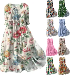 3/4 Sleeve Cotton Dresses for Women Casual Summer Button Down Floral Dress Beach Vacation Dresses Ruffle Floral