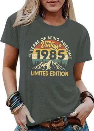 40th Birthday Shirts for Women 1985 Shirt Vintage Graphic Tees Retro Tshirts 40 Year Old Birthday Gifts Casual Tops
