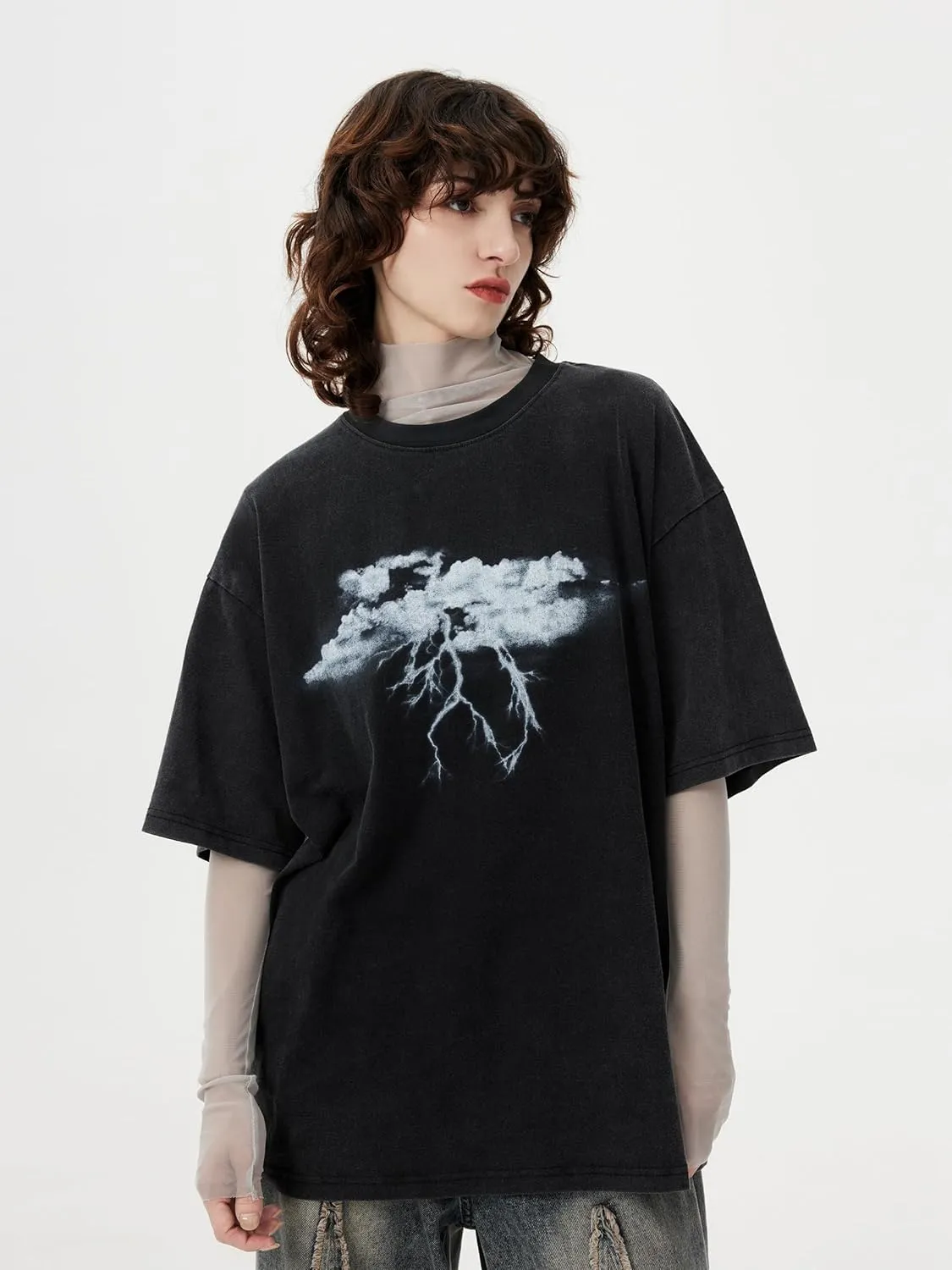 Aelfric Eden Mens Graphic Tees Y2k Lightning Print Washed Oversized T Shirts Vintage Streetwear Shirt Casual Tops