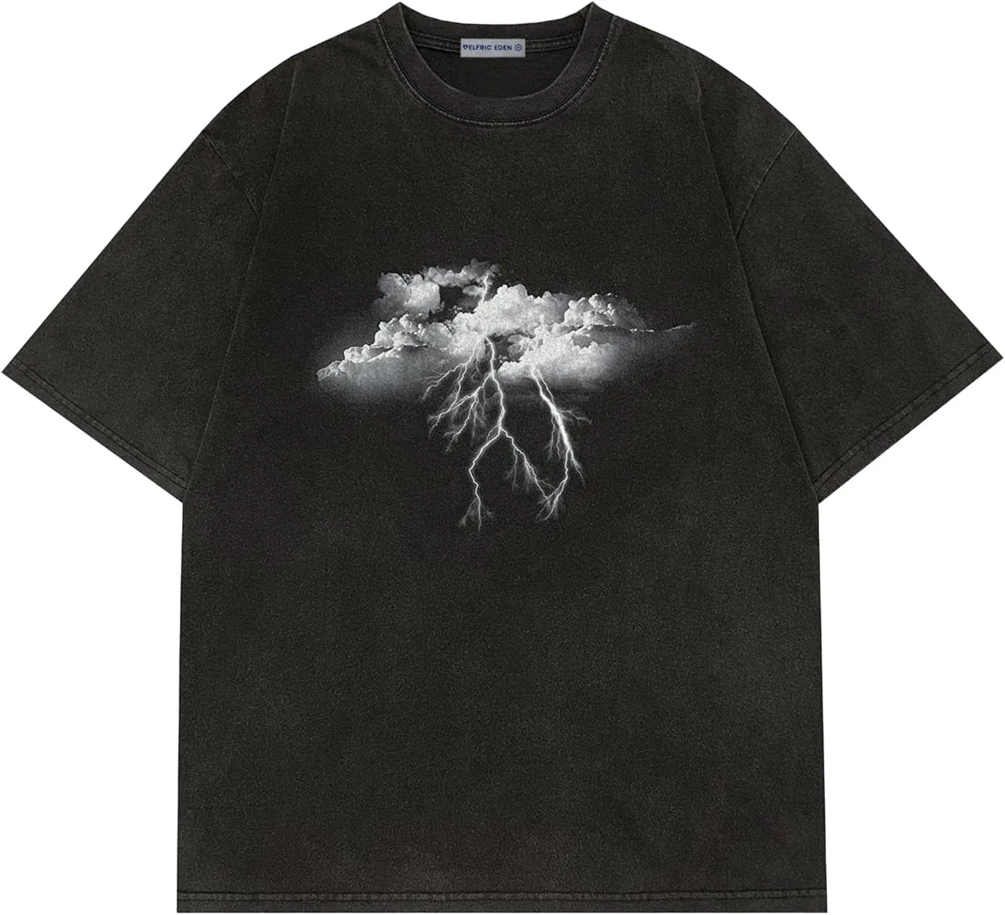 Aelfric Eden Mens Graphic Tees Y2k Lightning Print Washed Oversized T Shirts Vintage Streetwear Shirt Casual Tops
