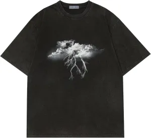 Aelfric Eden Mens Graphic Tees Y2k Lightning Print Washed Oversized T Shirts Vintage Streetwear Shirt Casual Tops