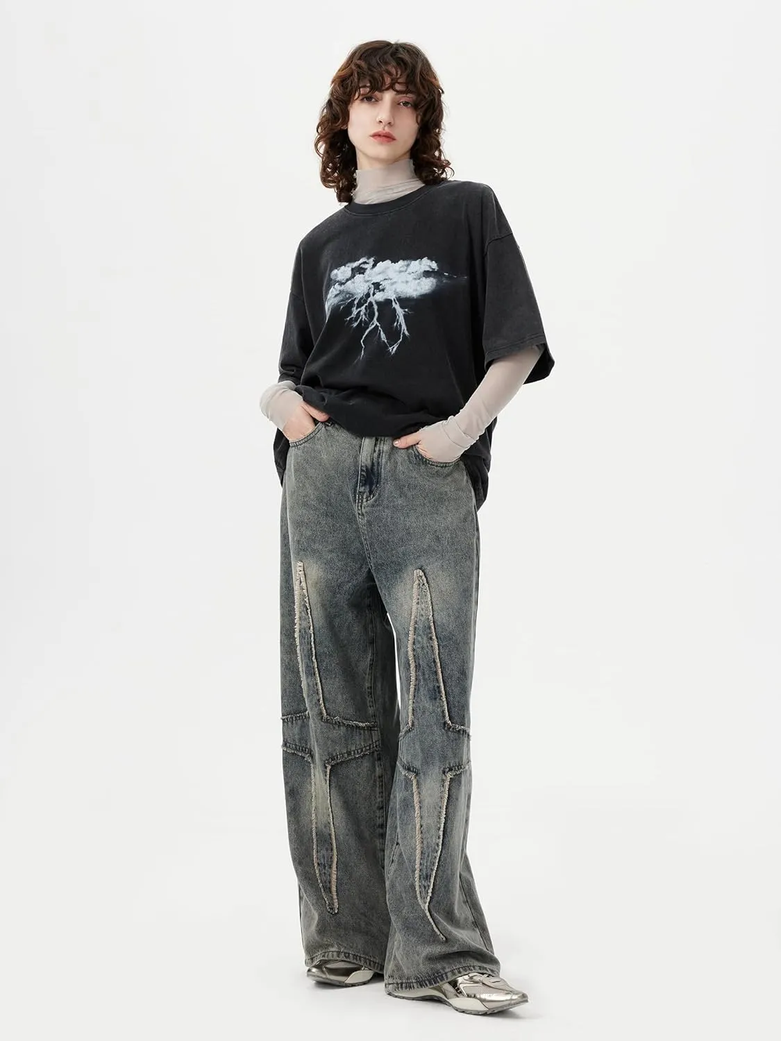 Aelfric Eden Mens Graphic Tees Y2k Lightning Print Washed Oversized T Shirts Vintage Streetwear Shirt Casual Tops
