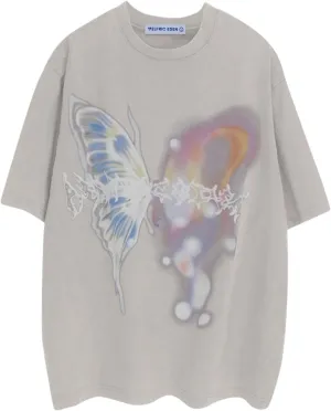 Aelfric Eden Mens Vintage Graphic Tees Y2K Irregular Butterfly Printed Tee Oversized Streetwear Casual T-Shirt