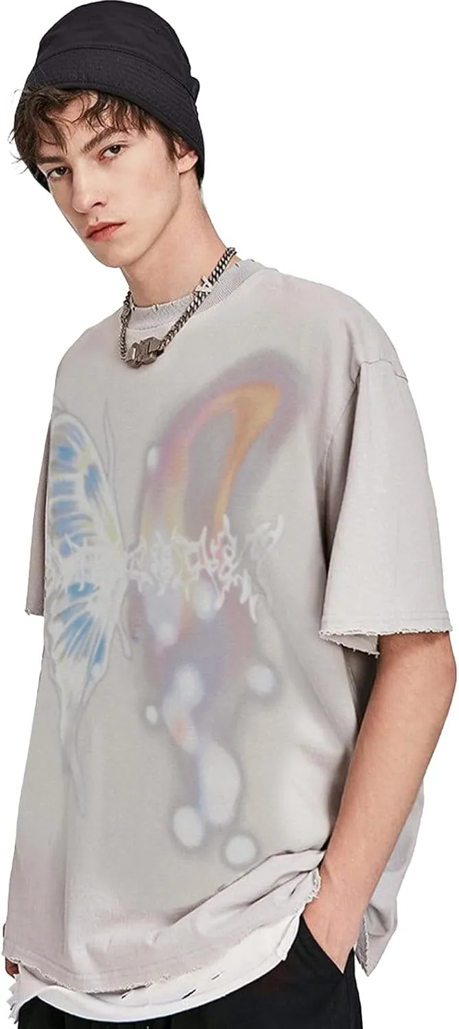 Aelfric Eden Mens Vintage Graphic Tees Y2K Irregular Butterfly Printed Tee Oversized Streetwear Casual T-Shirt