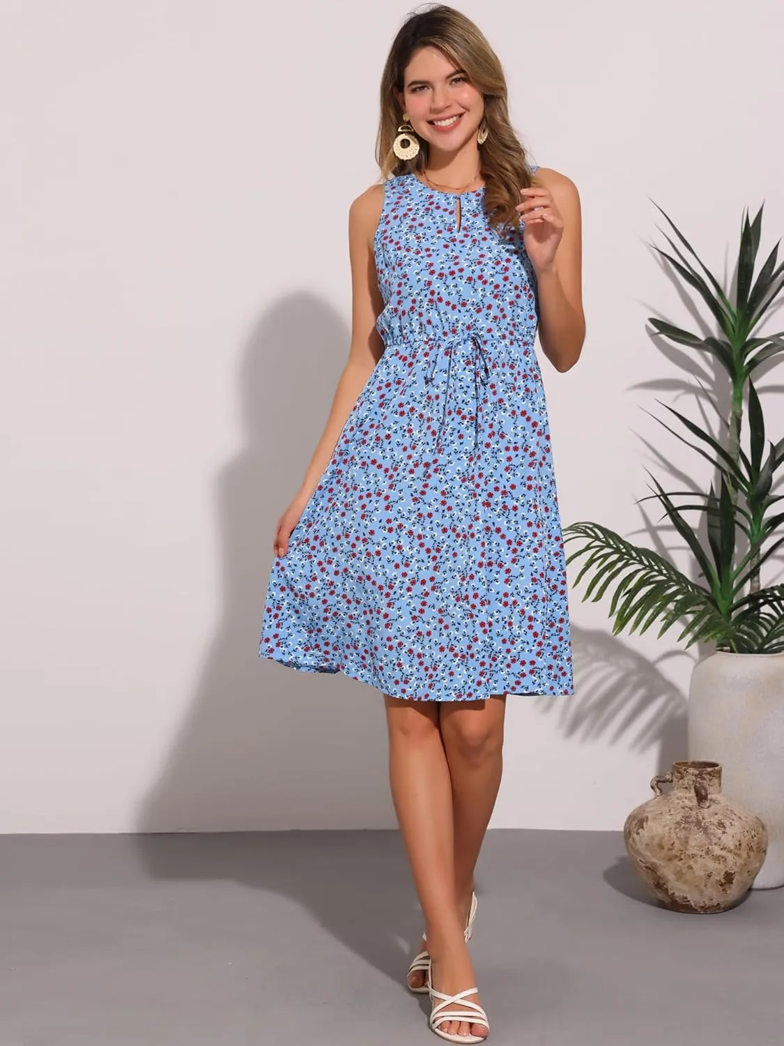 Allegra K Women's Midi Floral Dresses Summer Casual Wedding Guest Sleeveless Dress