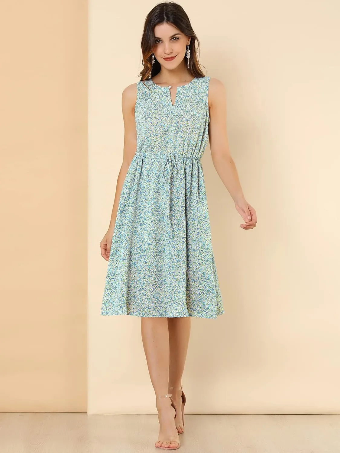 Allegra K Women's Midi Floral Dresses Summer Casual Wedding Guest Sleeveless Dress