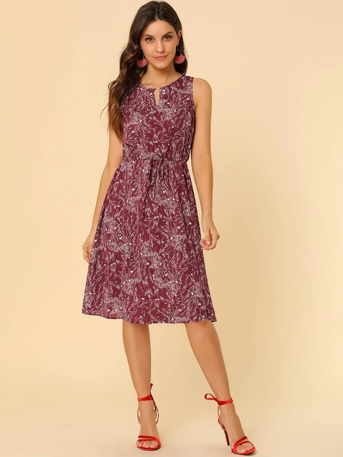 Allegra K Women's Midi Floral Dresses Summer Casual Wedding Guest Sleeveless Dress
