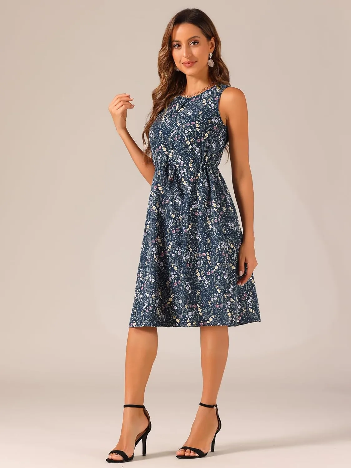 Allegra K Women's Midi Floral Dresses Summer Casual Wedding Guest Sleeveless Dress
