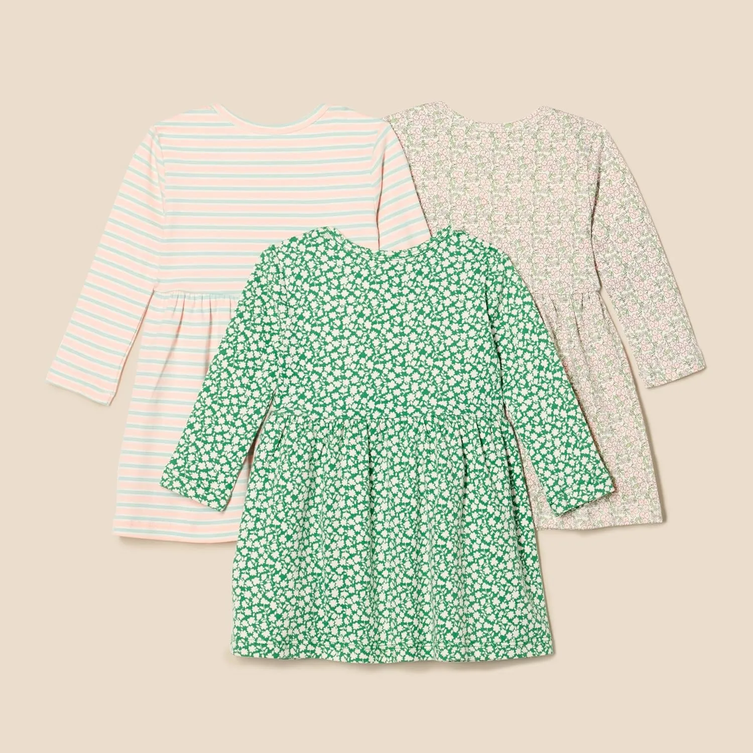 Amazon Essentials Toddlers and Baby Girls' Cotton Long-Sleeve Dress, Pack of 3