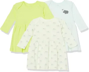 Amazon Essentials Toddlers and Baby Girls' Cotton Long-Sleeve Dress, Pack of 3