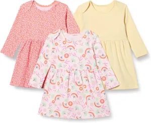 Amazon Essentials Toddlers and Baby Girls' Cotton Long-Sleeve Dress, Pack of 3