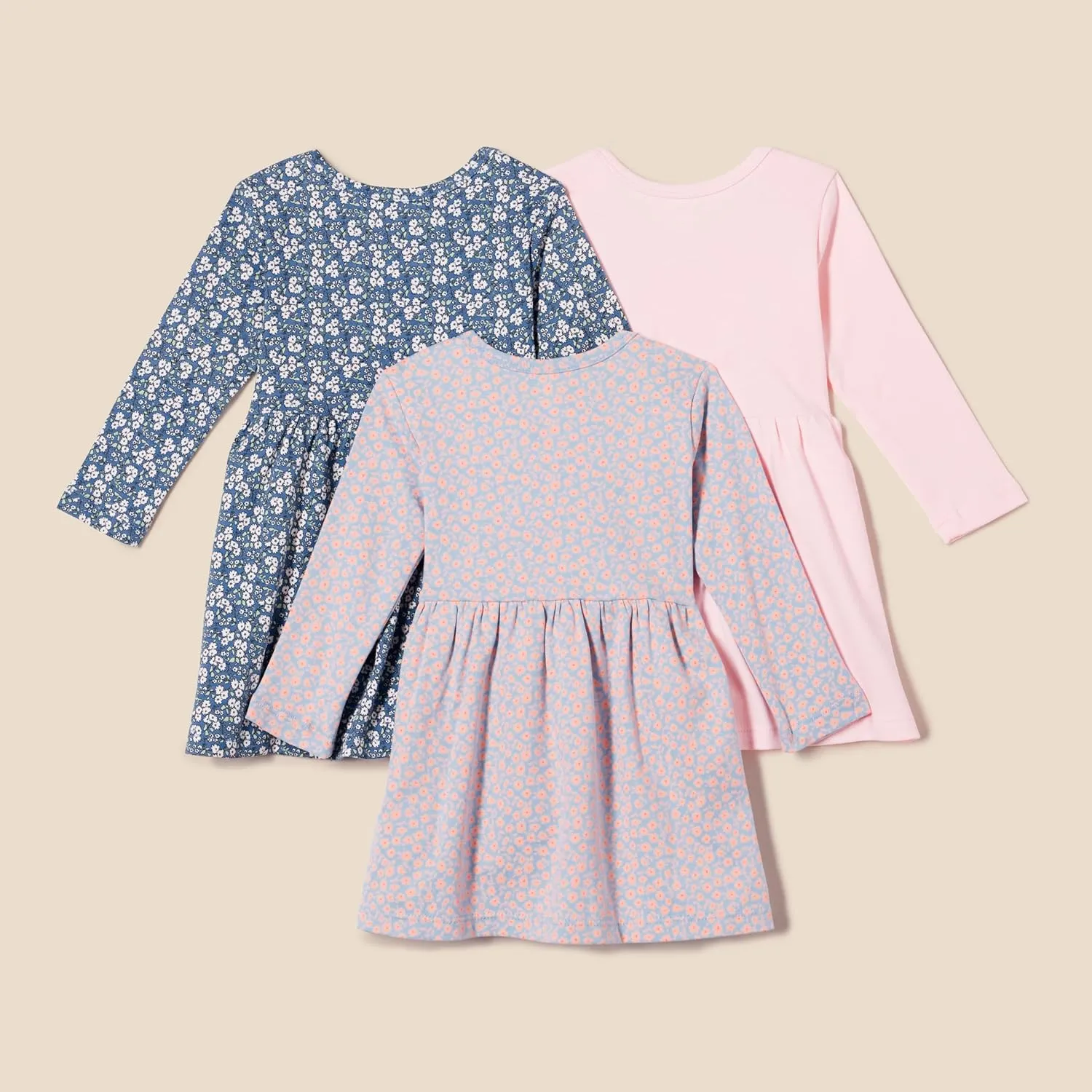 Amazon Essentials Toddlers and Baby Girls' Cotton Long-Sleeve Dress, Pack of 3