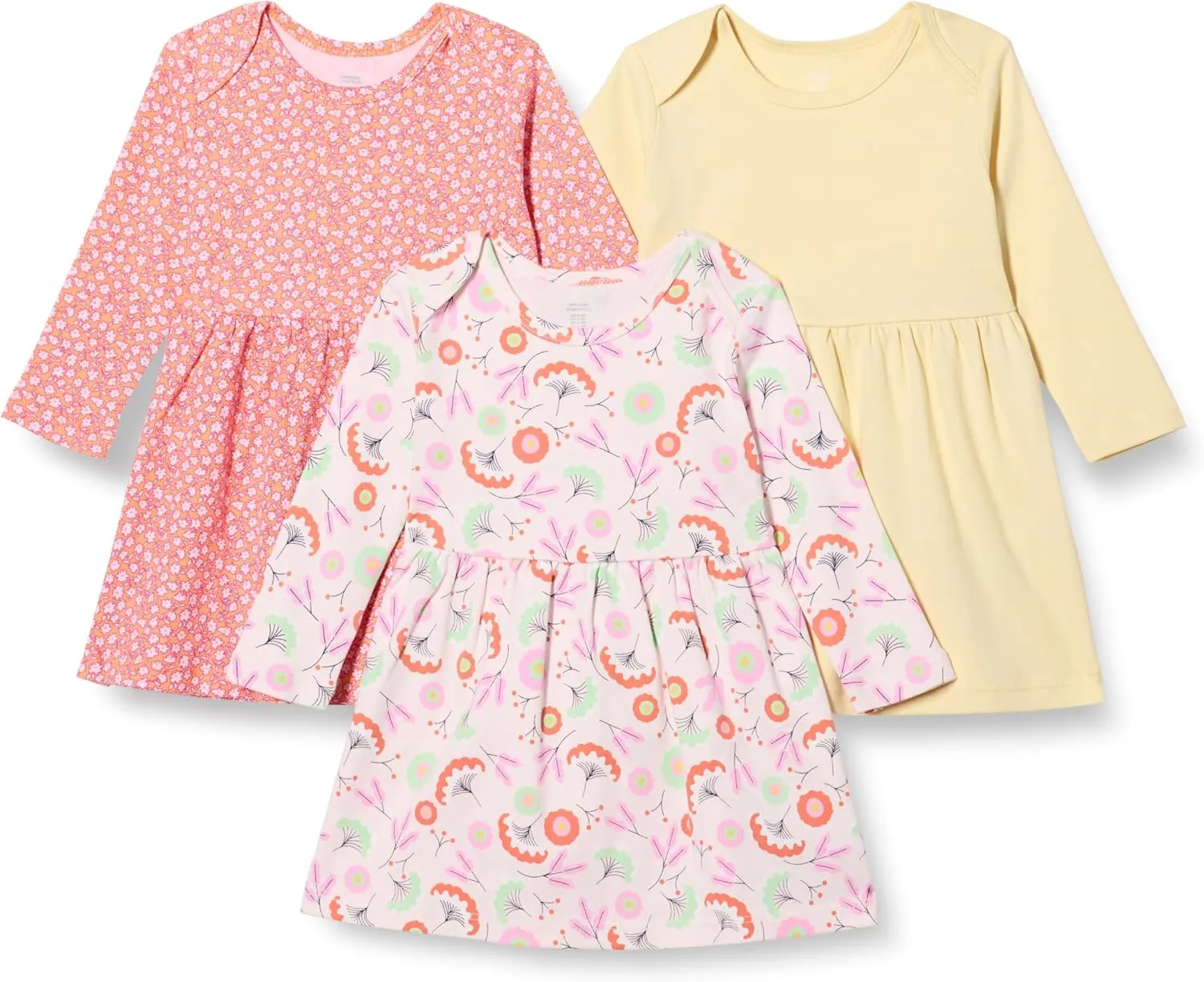 Amazon Essentials Toddlers and Baby Girls' Cotton Long-Sleeve Dress, Pack of 3