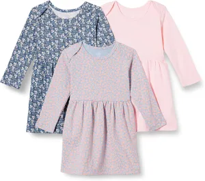 Amazon Essentials Toddlers and Baby Girls' Cotton Long-Sleeve Dress, Pack of 3
