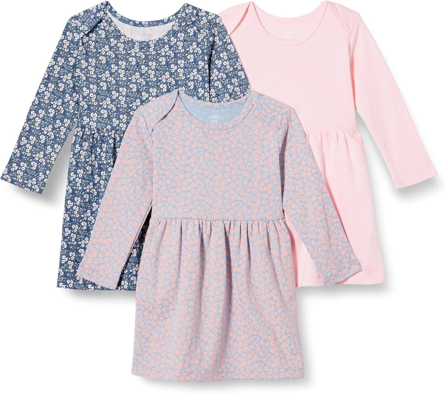 Amazon Essentials Toddlers and Baby Girls' Cotton Long-Sleeve Dress, Pack of 3