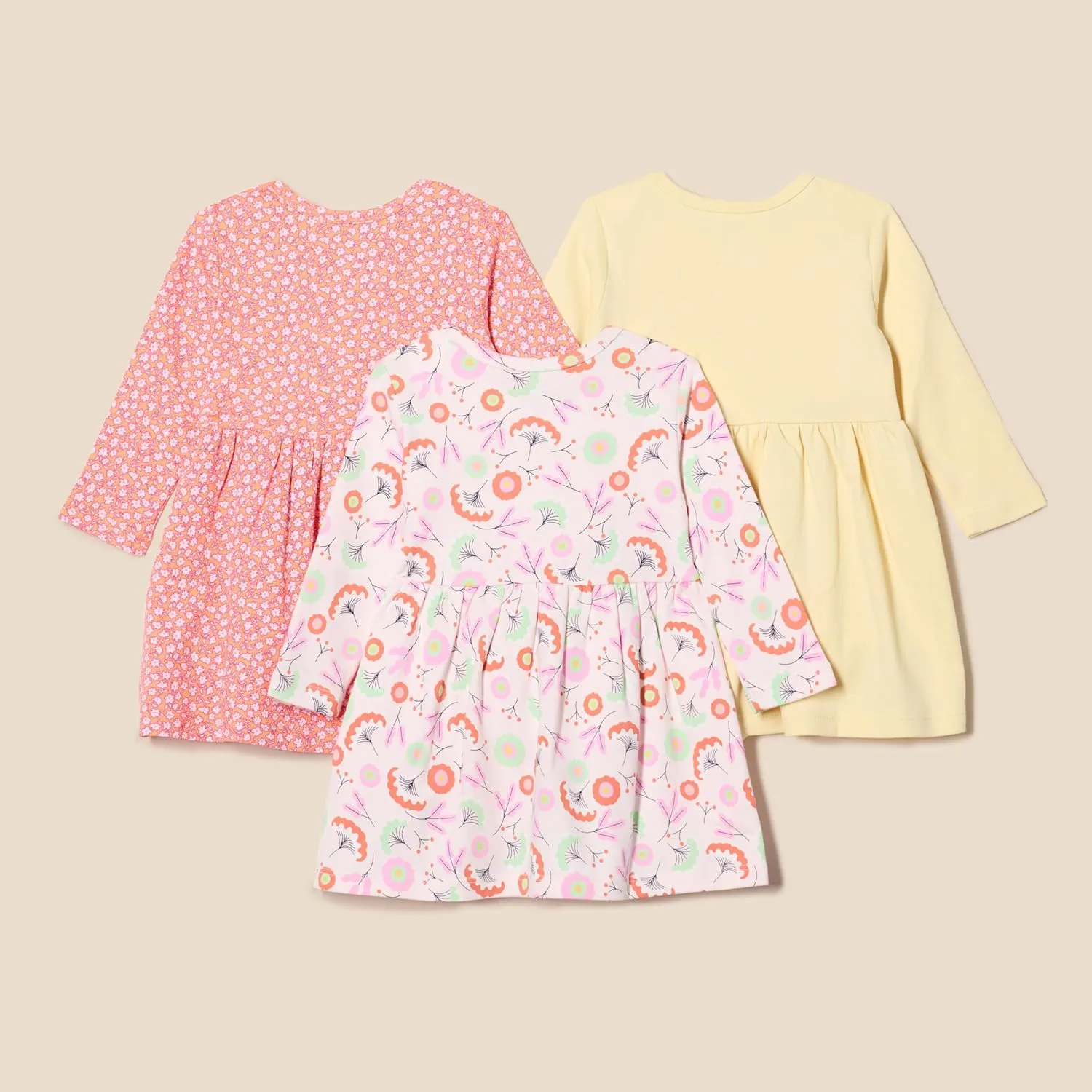 Amazon Essentials Toddlers and Baby Girls' Cotton Long-Sleeve Dress, Pack of 3