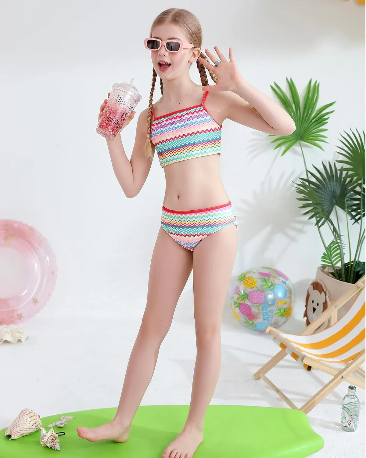 Angel season Girls Swimsuit Bikini Set Two Piece Tankini Bathing Suit Teens High Waisted Beach Swimwear Cute Size 7-14