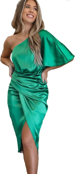 AVSMGP Women's 2024 Summer Ruched Bodycon Dress Sleeveless One Shoulder Wrap Satin Belted Cocktail Midi Dress
