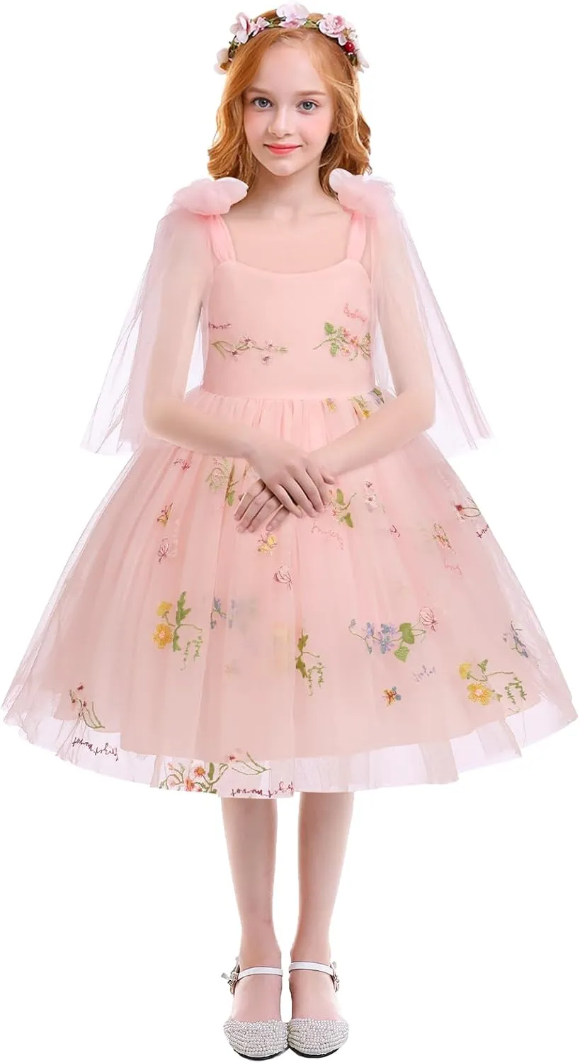 Baby Flower Girl Dress Sleeveless Spaghetti Straps Floral Embroidered Princess Dress Toddler Birthday Party Fairy Tulle Dress