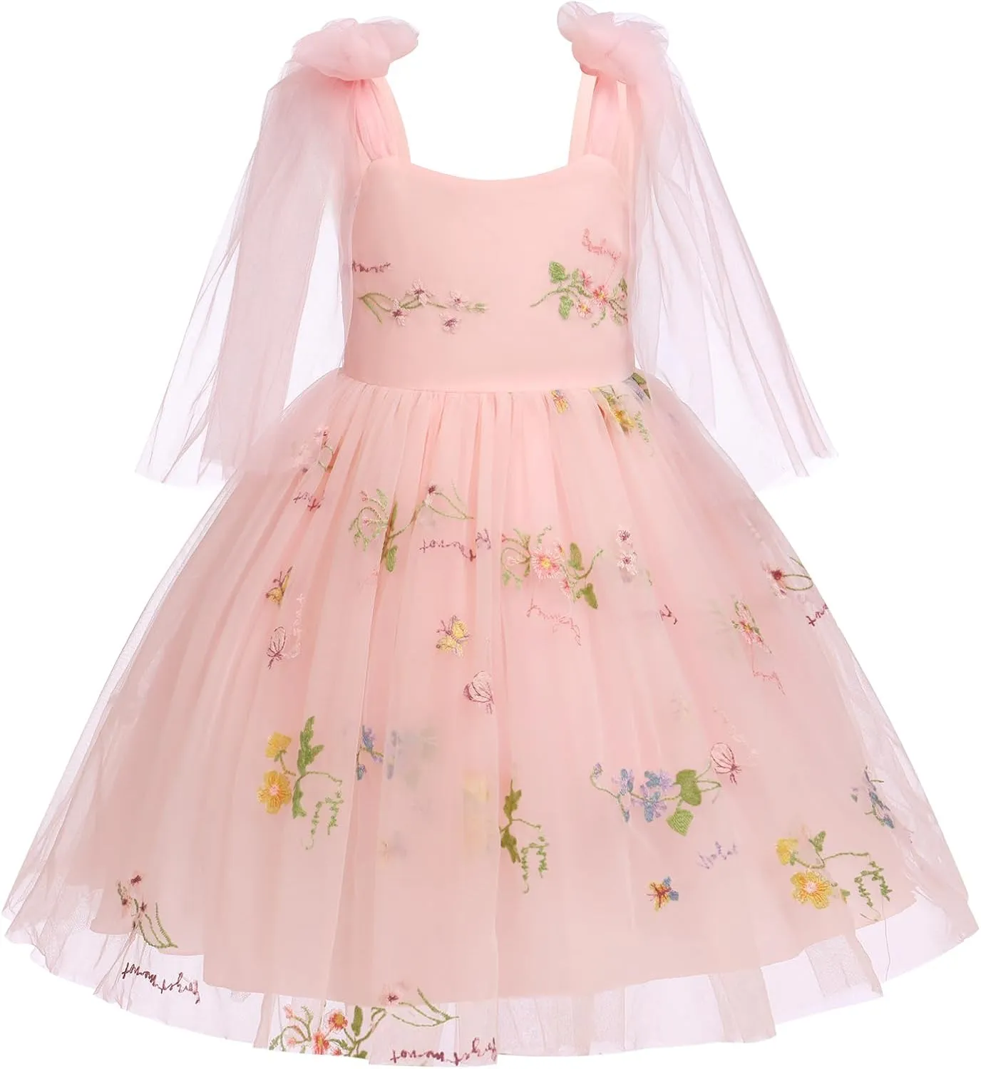Baby Flower Girl Dress Sleeveless Spaghetti Straps Floral Embroidered Princess Dress Toddler Birthday Party Fairy Tulle Dress