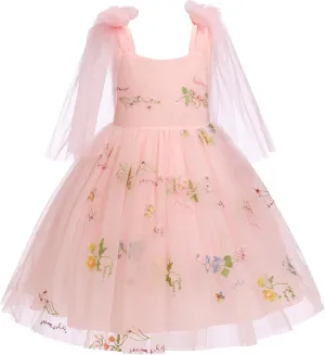 Baby Flower Girl Dress Sleeveless Spaghetti Straps Floral Embroidered Princess Dress Toddler Birthday Party Fairy Tulle Dress