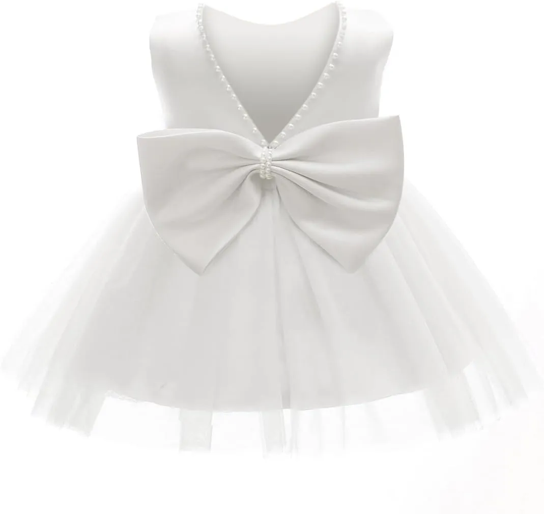 Baby Girls Formal Dress with Large Bowknot Tulle Backless Satin Party Birthday Baby Flower Girl Dresses
