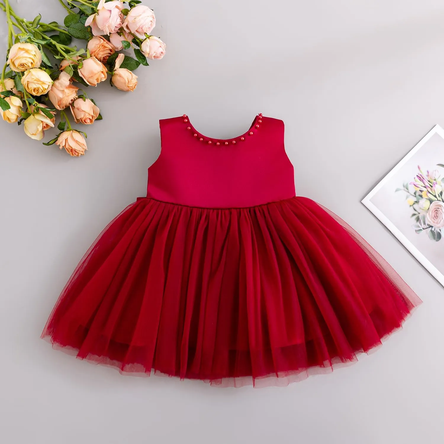 Baby Girls Formal Dress with Large Bowknot Tulle Backless Satin Party Birthday Baby Flower Girl Dresses