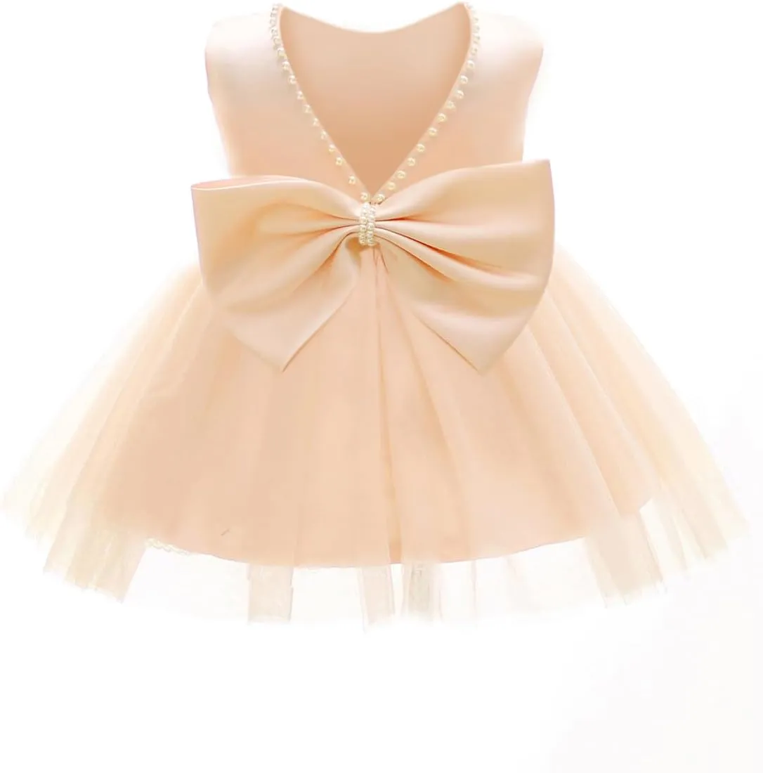 Baby Girls Formal Dress with Large Bowknot Tulle Backless Satin Party Birthday Baby Flower Girl Dresses