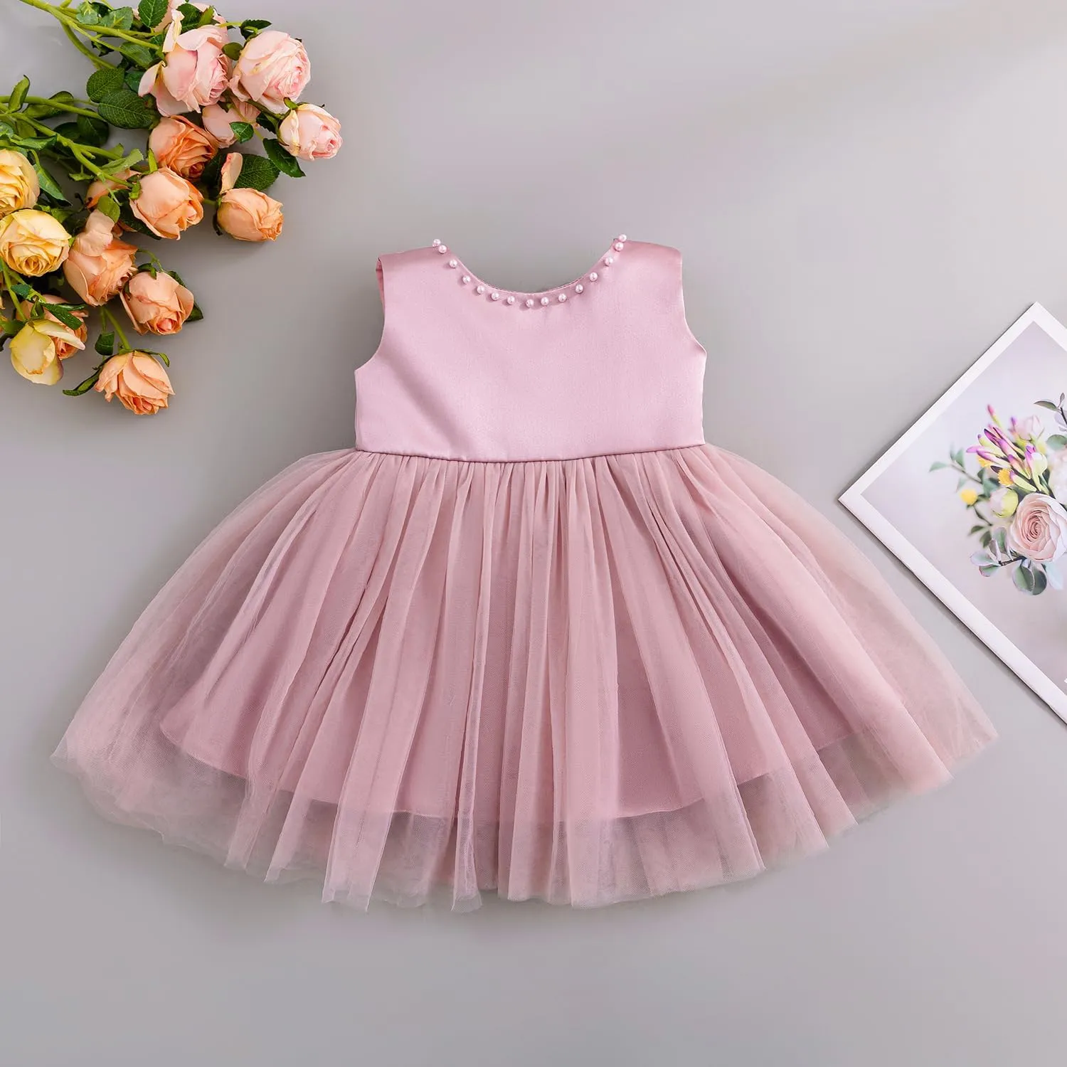 Baby Girls Formal Dress with Large Bowknot Tulle Backless Satin Party Birthday Baby Flower Girl Dresses