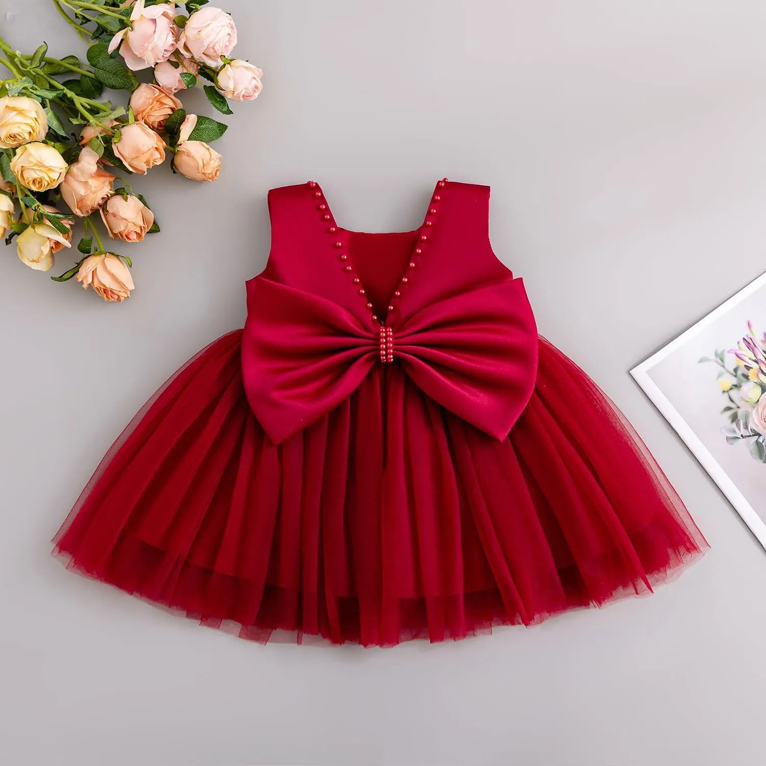Baby Girls Formal Dress with Large Bowknot Tulle Backless Satin Party Birthday Baby Flower Girl Dresses