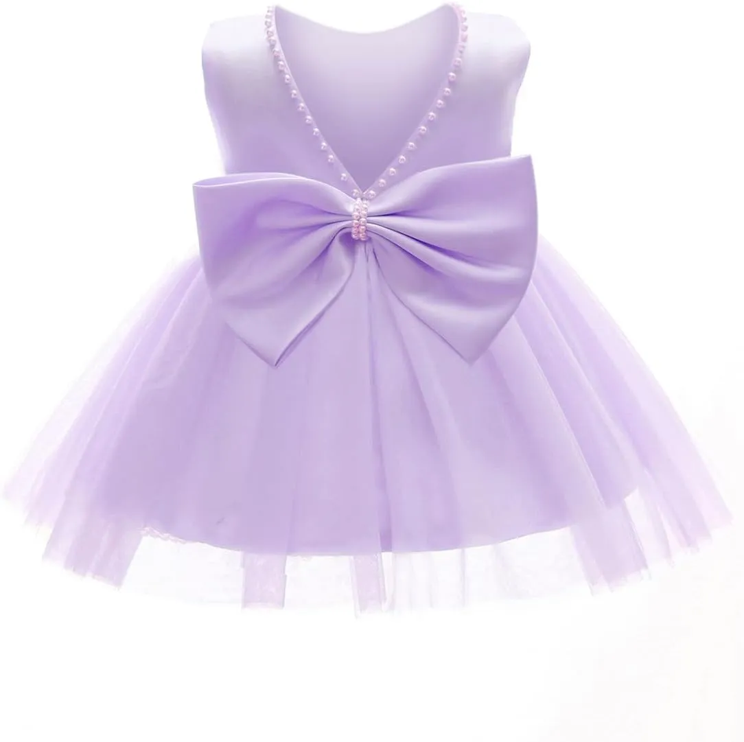 Baby Girls Formal Dress with Large Bowknot Tulle Backless Satin Party Birthday Baby Flower Girl Dresses