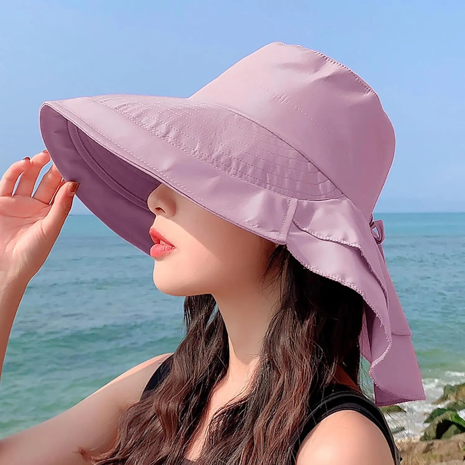 Beach Hats for Women Summer Casual Packable Bucket Floppy Foldable Hats Wide Brim Outdoor Sun Hat with Neck Flap