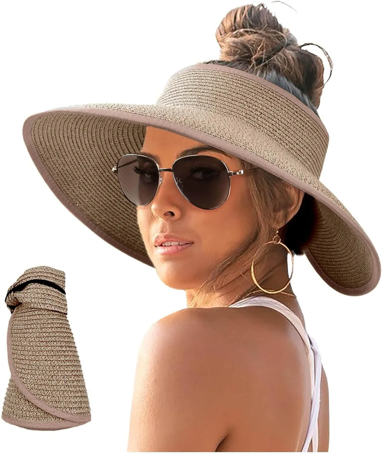 Beach Sun Straw Hats for Women 2025 Summer UPF 50  Uv Sun Protection Wide Brim Straw Hat Foldable Packable Roll Up Cap