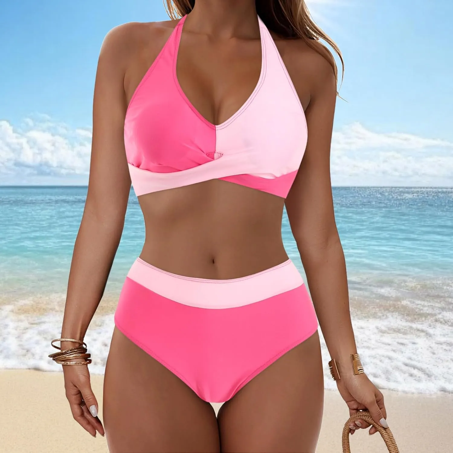 Bikini Sets for Women Two Piece Push Up Halter Bathing Suits Sexy Front Cross Vintage Mid Rise Swimsuits