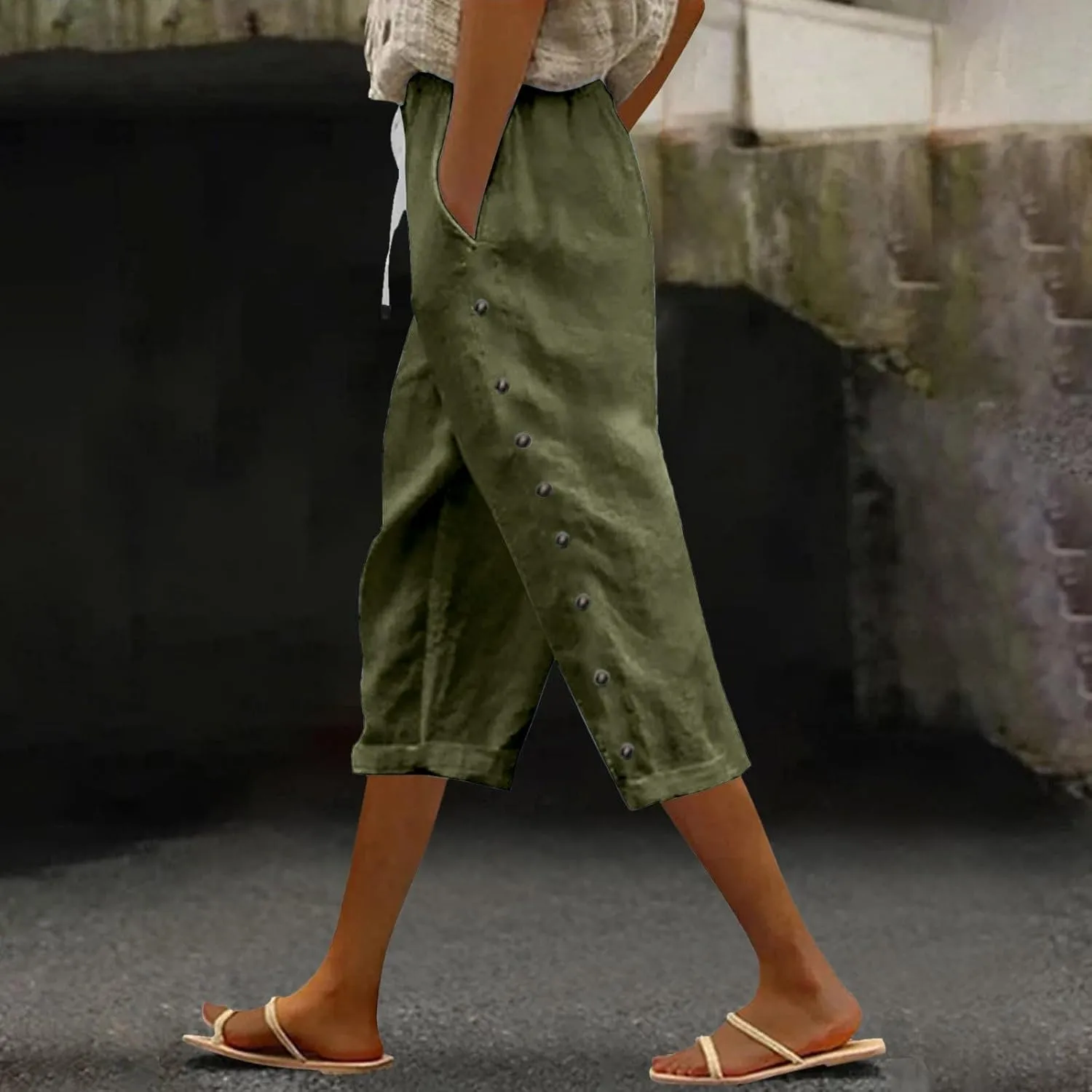 Capri Pants for Women Casual Striped Linen Pants Loose Fit Drawstring Trousers High Waist Cropped Trousers