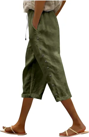 Capri Pants for Women Casual Striped Linen Pants Loose Fit Drawstring Trousers High Waist Cropped Trousers