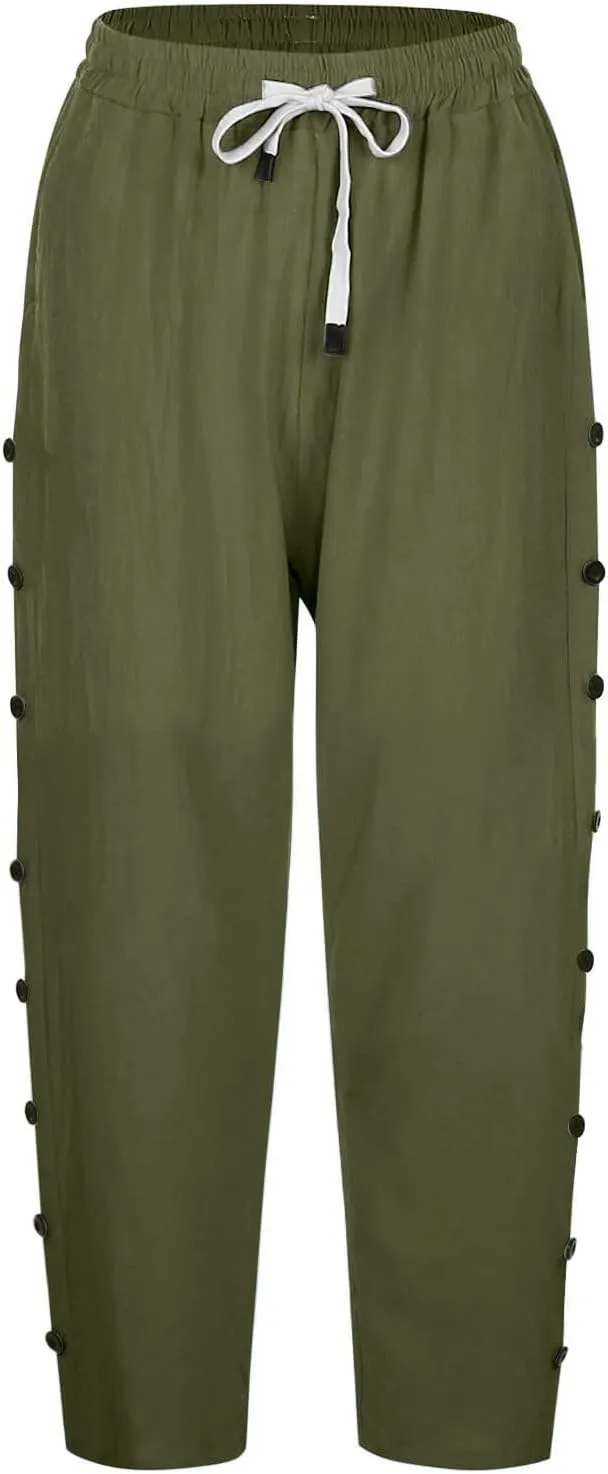 Capri Pants for Women Casual Striped Linen Pants Loose Fit Drawstring Trousers High Waist Cropped Trousers