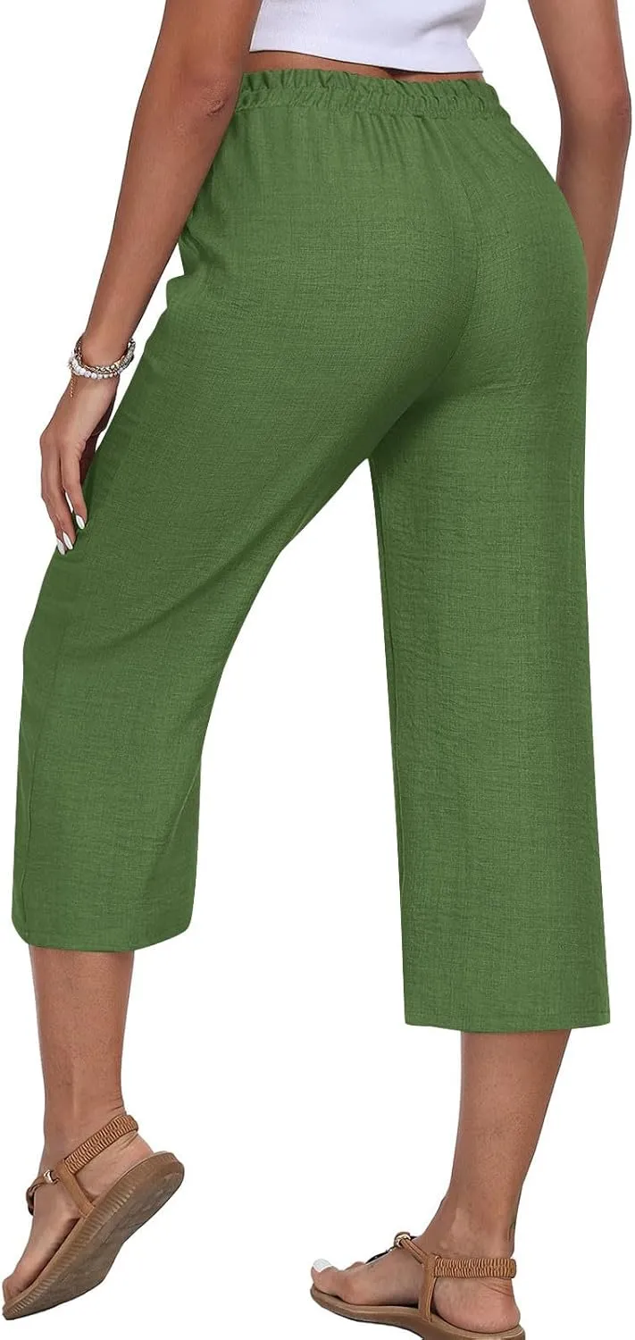 Capri Pants for Women Casual Summer Cotton Linen Straight Wide Leg Capris Drawstring Elastic Waist Cropped Trousers