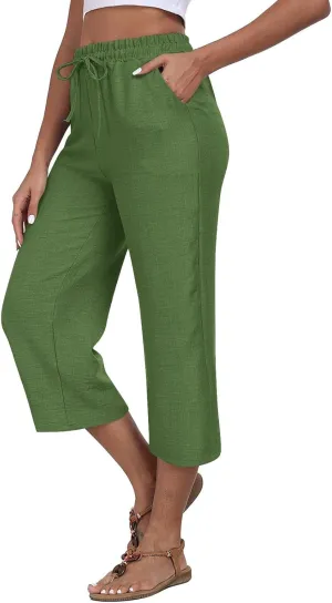 Capri Pants for Women Casual Summer Cotton Linen Straight Wide Leg Capris Drawstring Elastic Waist Cropped Trousers
