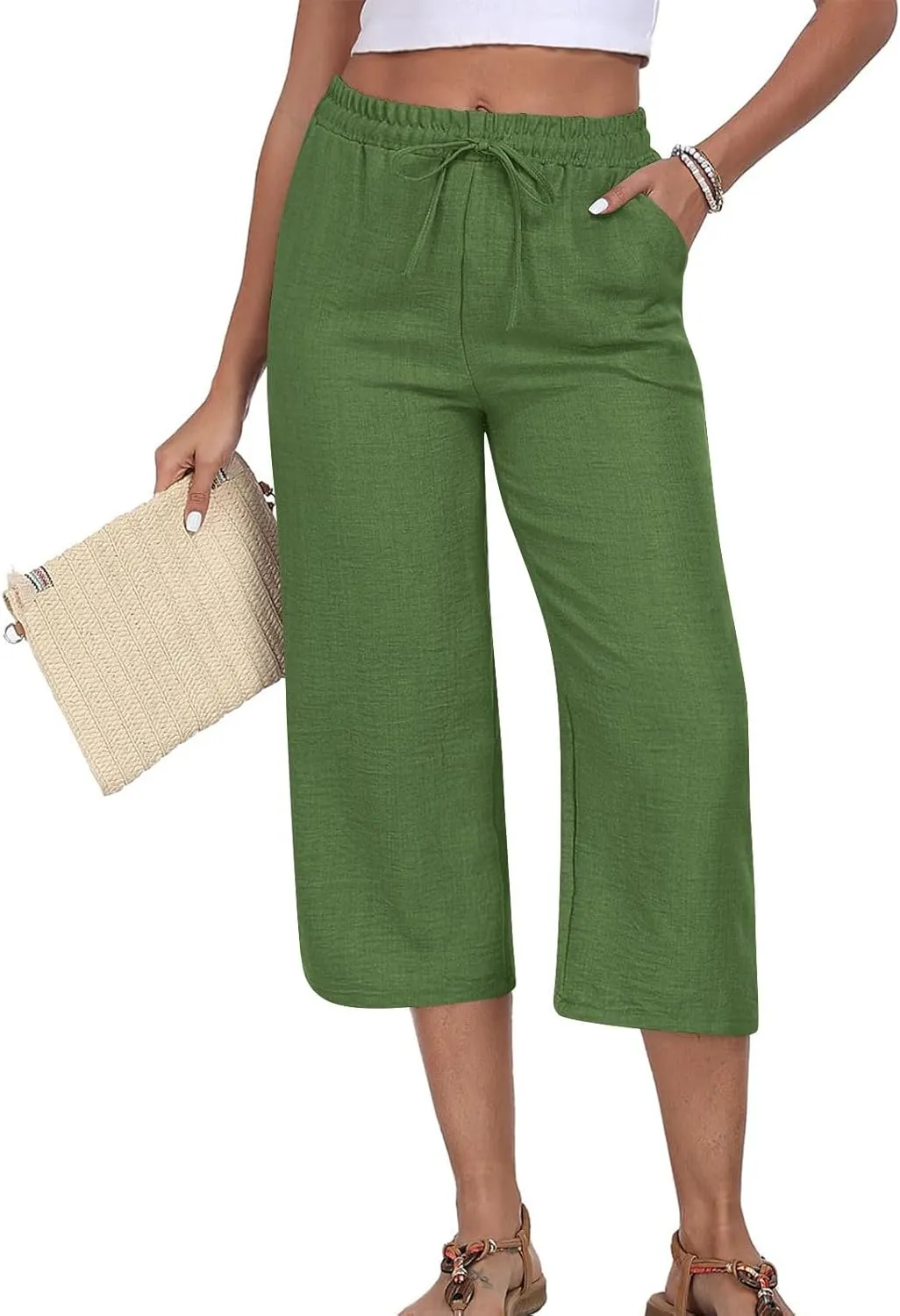 Capri Pants for Women Casual Summer Cotton Linen Straight Wide Leg Capris Drawstring Elastic Waist Cropped Trousers