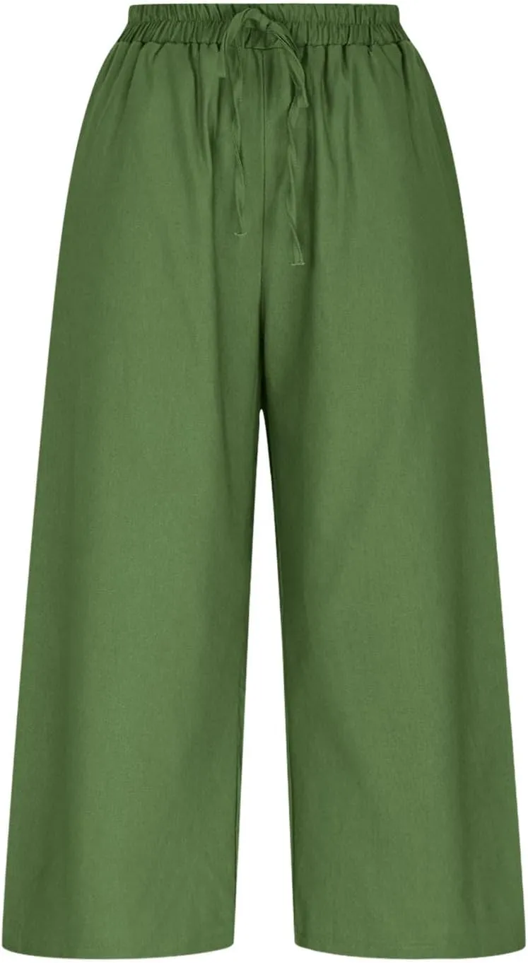 Capri Pants for Women Casual Summer Cotton Linen Straight Wide Leg Capris Drawstring Elastic Waist Cropped Trousers