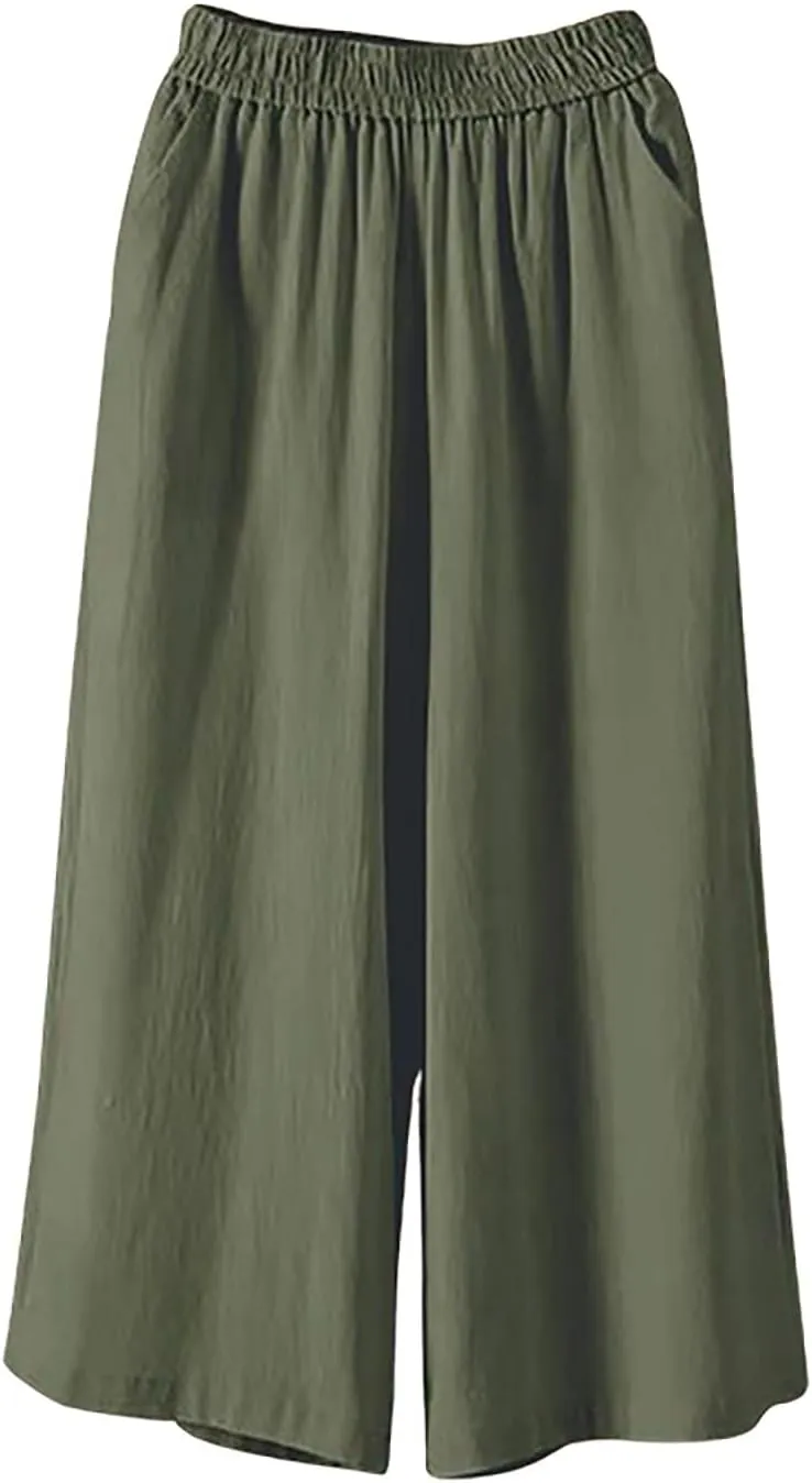 Capri Pants for Women Cotton Linen Summer Pants Wide Leg Pants Elastic Waist Pants Cropped Trouser with Pockets
