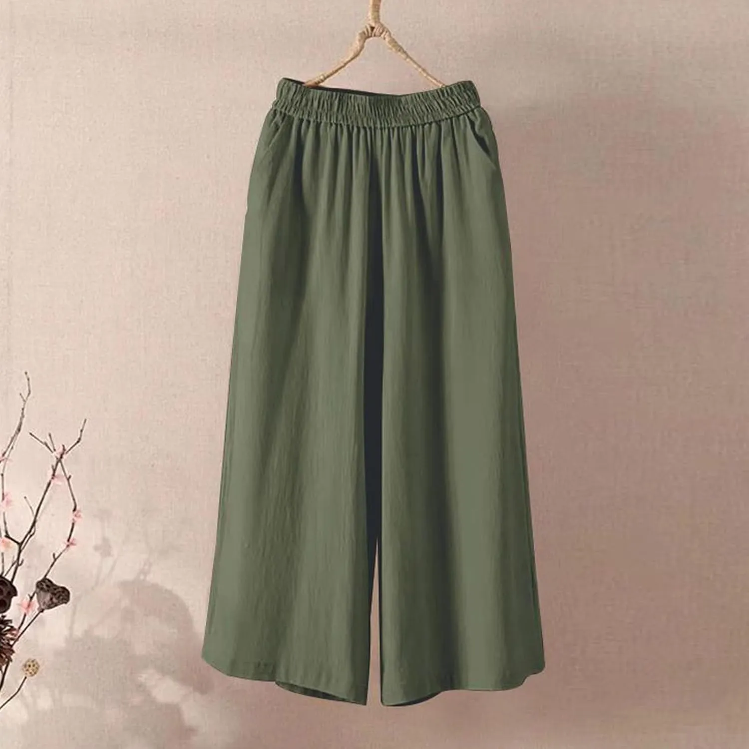 Capri Pants for Women Cotton Linen Summer Pants Wide Leg Pants Elastic Waist Pants Cropped Trouser with Pockets
